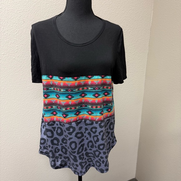 Crazy Train Aztec Leopard Colorblock Western Boho Tee Black Boutique Top L - Picture 2 of 10